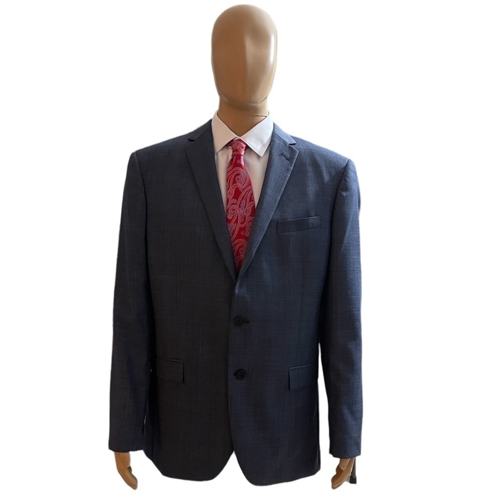EGARA Jacket Blazer Slim Fit Wool Blend Blue Plaid 46L 46 Long